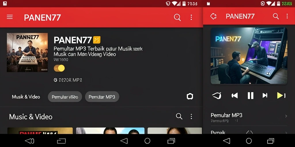 Tampilan antarmuka pengguna aplikasi Pemutar MP3 PANEN77 yang modern.